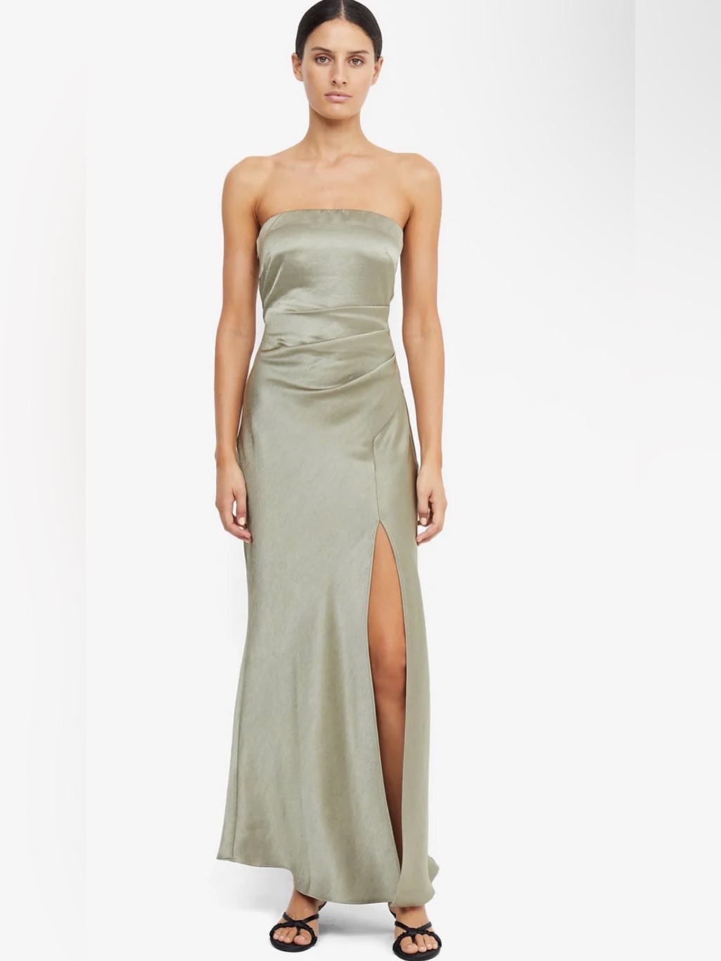 Bec & Bridge Olive Green Strapless Satin Maxi Dress With Thigh Slit